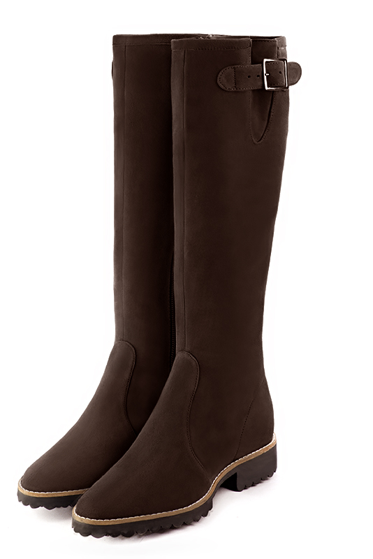 Dark brown women's knee-high boots with buckles. Round toe. Flat rubber soles. Made to measure. Front view - Florence KOOIJMAN